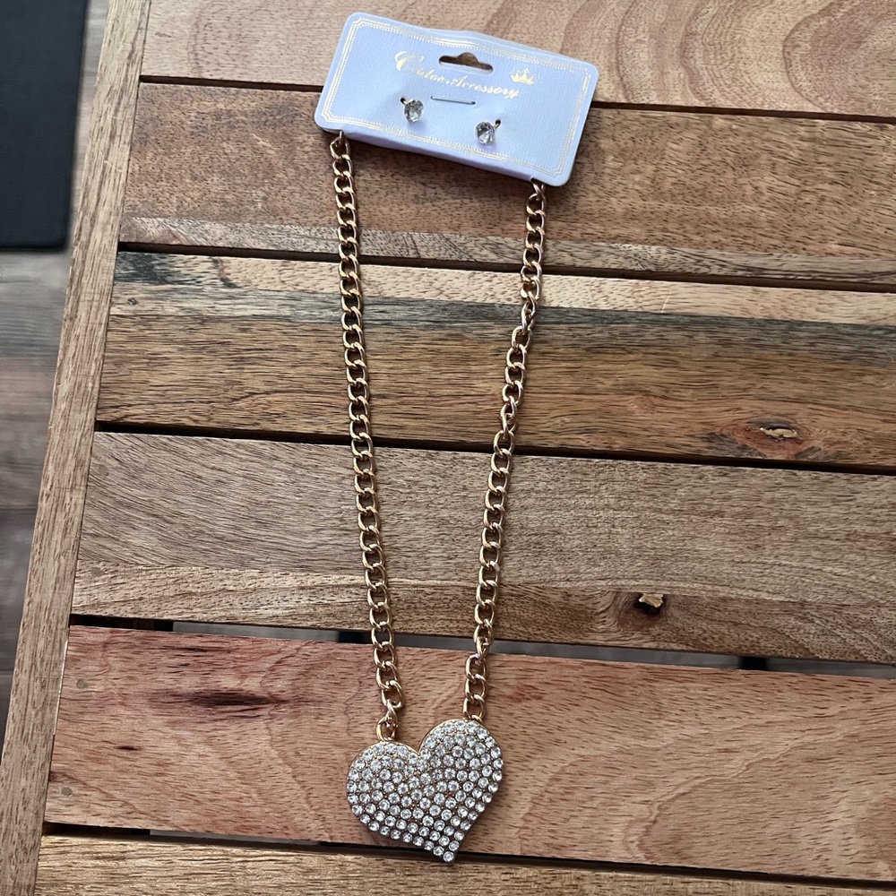 Gold Heart Pendant Necklace with Earrings